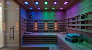 Interior view of a far infrared sauna illuminated with soothing chromotherapy colour light therapy.