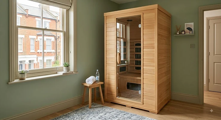 Compact far infrared sauna installed in a modern British apartment spare room