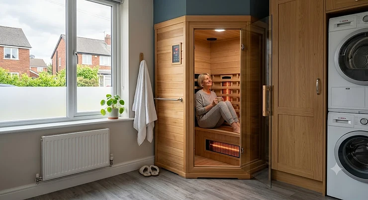 A compact one-person far infrared sauna installed in a modern British home. far infrared saunas