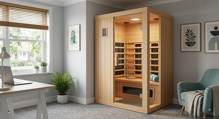 Compact one-person infrared sauna for home use set up in a modern British spare bedroom.