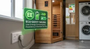 Illustration highlighting the energy efficiency of a far infrared sauna powered by a standard UK three-pin plug.
