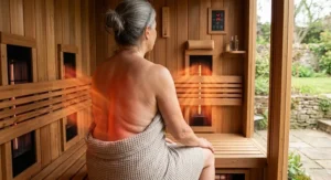 Close-up of deep far infrared heat targeting lower back pain during a sauna session.