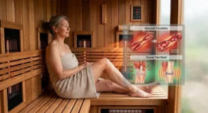 Diagram depicting improved blood circulation and chronic pain relief from far infrared sauna warmth.