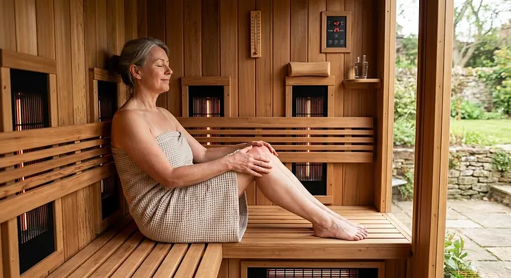 A person relaxing in a far infrared sauna to ease joint pain and stiffness. far infrared sauna for pain relief