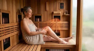 Woman benefiting from far infrared sauna therapy for post-exercise muscle soreness relief.