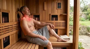 Man sitting comfortably in a far infrared sauna easing neck and shoulder pain tension.
