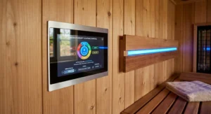 Digital control panel displaying chromotherapy lighting settings inside a full spectrum infrared sauna