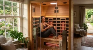 Person relaxing in a warm full spectrum infrared sauna for muscle recovery and detoxification