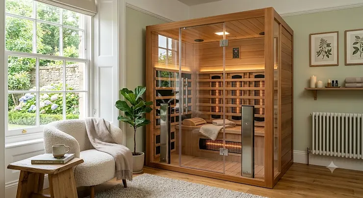 Modern full spectrum infrared sauna installed in a British home relaxation room
