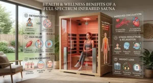 Infographic outlining the wellness and health benefits of using a full spectrum infrared sauna