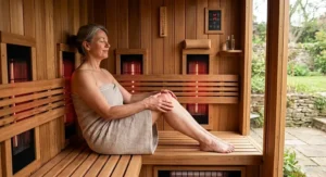 A wooden home far infrared sauna designed to soothe fibromyalgia symptoms and body aches.