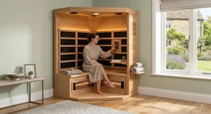 Compact two-person infrared sauna cabin suited for modern British home interiors