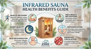 Infographic showing the wellness and muscle recovery benefits of home infrared saunas under £1000.