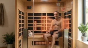 Infrared sauna cabin emitting gentle radiant heat light directly warming the body