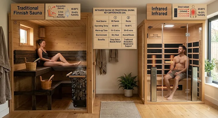 Comparison chart showing key differences between an infrared sauna and a traditional Finnish sauna in a UK home setting