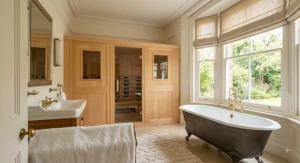 Luxurious British bathroom interior featuring a custom built-in far infrared sauna