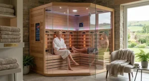 A modern British home spa setup featuring a spacious multi-person far infrared sauna.