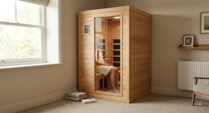One-person wooden infrared sauna cabin fitted in a home corner, providing budget-friendly heat therapy.