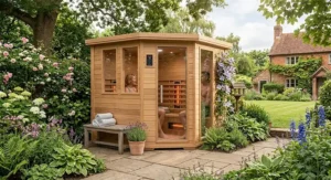 A timber outdoor far infrared sauna cabin situated in a traditional British garden.