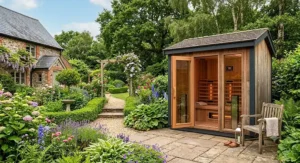 Bespoke outdoor full spectrum infrared sauna situated in a traditional British garden