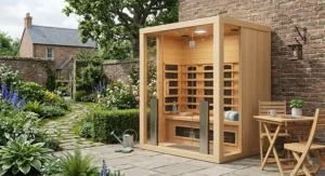 Outdoor wooden infrared sauna for home use positioned on a patio in a British garden.