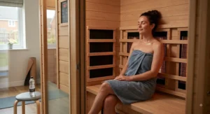 Woman relaxing in a warm far infrared sauna for home after a workout