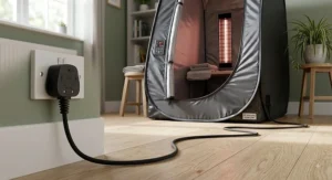 Illustration of a standard UK 3-pin plug connecting an energy-efficient infrared sauna under £1000.