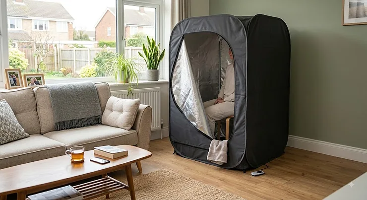 Compact portable infrared sauna tent set up in a modern British living room, offering an affordable home spa solution under £1000.