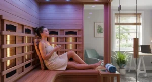 Person relaxing on a bench inside a red cedar wood infrared sauna for home use with ambient lighting.