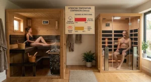 Infrared sauna vs traditional sauna temperature comparison graphic displayed in degrees Celsius