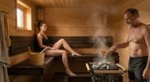 Traditional steam sauna with sauna rocks and wooden bucket producing high humidity heat