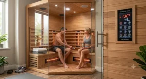 Two-person red cedar far infrared sauna featuring digital controls and glass doors.