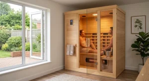 Two-person compact wooden infrared sauna suitable for British garden rooms and home gyms.