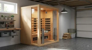 Two-person hemlock timber infrared sauna installed in a converted home garage space.