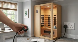 Illustration showing a plug-in infrared sauna for home use connecting to a standard UK 13-amp wall socket.