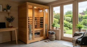 Two person wooden far infrared sauna positioned in a cozy UK garden office building