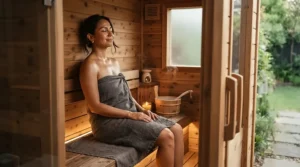 Person relaxing inside affordable near infrared saunas under £700 at home