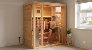 One person full spectrum sauna cabin made of Canadian hemlock installed in a British home
