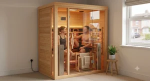 Two person full spectrum infrared sauna featuring carbon and ceramic heaters priced under 1500 pounds
