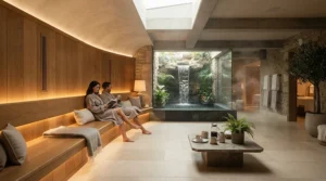 Luxury basement wellness suite outfitted with high-performance carbon fibre infrared sauna panels.