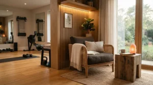 Modern home gym setup featuring integrated carbon fibre infrared sauna panels for post-workout recovery.