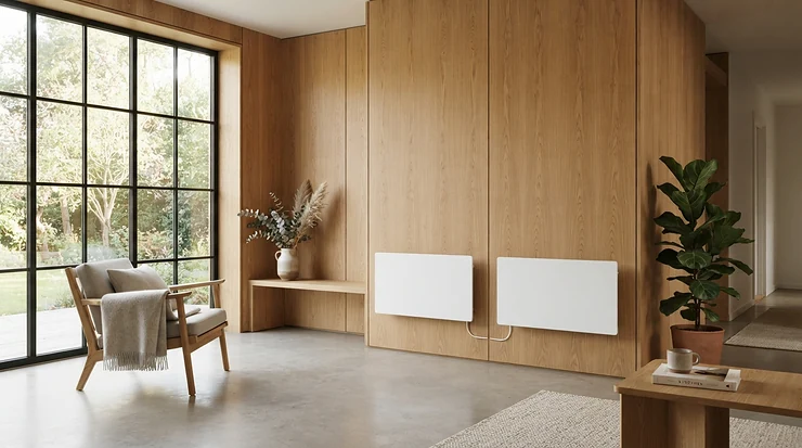 Eco-friendly wellness room featuring slimline carbon fibre infrared sauna panels mounted on cedar cladding.