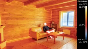 Diagram showing even heat distribution from carbon fibre infrared sauna panels in a relaxing home spa.