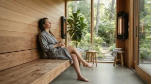 A sleek wellness room equipped with efficient carbon fibre infrared sauna panels for gentle warmth.