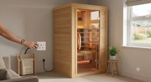 Compact home full spectrum sauna plugging directly into a standard UK 13 amp wall socket