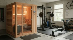 Compact near infrared sauna for home gym setup alongside dumbbells and yoga mats