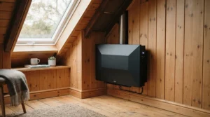 Corner-fitted electric sauna heater optimizing space in a residential loft conversion