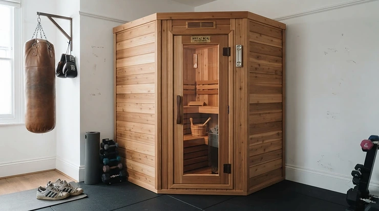 Space-saving corner near infrared sauna for home gym layout in a suburban garage