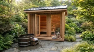 An electric sauna cabin for home positioned on a paved garden patio overlooking a tidy lawn.