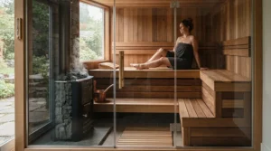 An electric sauna cabin for home with a full-length glass door and ergonomic wooden interior benches.